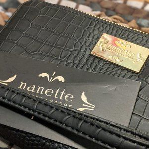 New Nanette Lepore Black Croc Wristlet Wallet